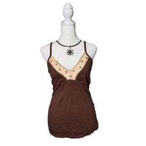 Vintage Y2K Rue 21 Sequin Beaded Lace Trim Cami Women's Size Large Brown